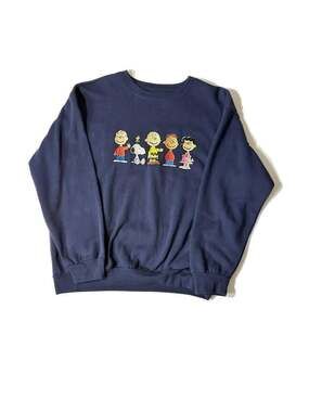 Vintage Peanuts Snoopy & Charlie Brown Friends Embroidered Navy Blue Sweatshirt